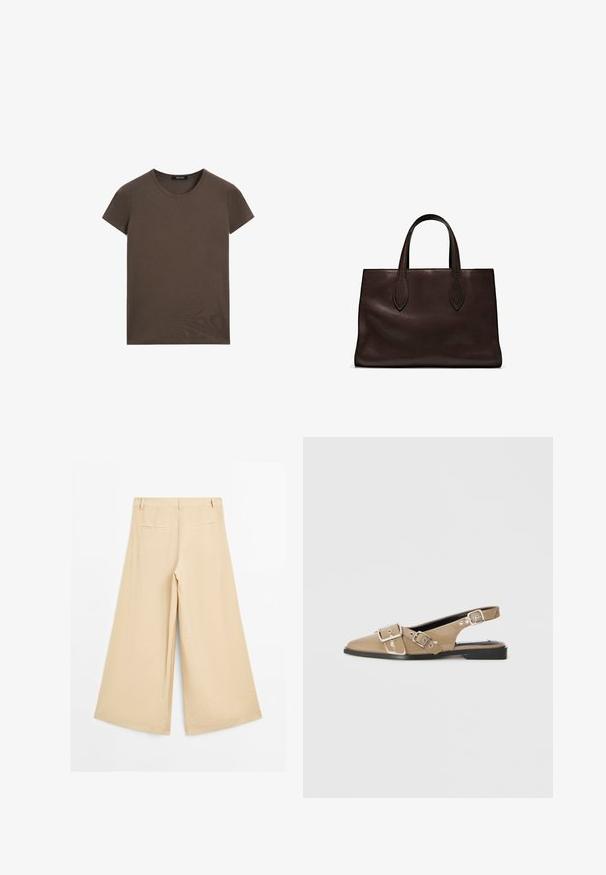 Braun T-Shirt mit kurzen Ärmeln aus weichem Baumwollmaterial, mit rundem Halsausschnitt und schlichtem Design ohne zusätzliche Muster oder Akzente.; Beige weite Hose aus glattem Material, mit flachem Bund, zwei Gesäßtaschen und einem lockeren Schnitt.; Beige patentierte Slingback-Schuhe mit spitzem Zehenbereich, zwei verstellbaren Schnallen und einem niedrigen schwarzen Absatz. Glatte Textur mit glänzender Oberfläche.; Braune Ledertasche mit zwei langen Griffen, strukturierte rechteckige Form, glatte Textur und dezente Nähdetails.