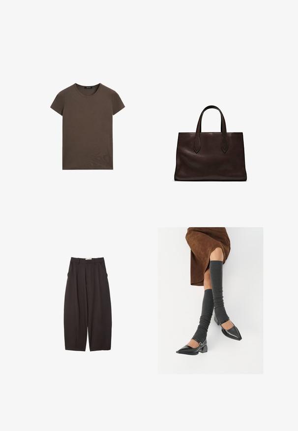 Hnědé tričko s krátkým rukávem vyrobené z měkké bavlny, s kulatým výstřihem a jednoduchým designem bez dalších vzorů nebo akcentů.; Černé široké kalhoty vyrobené z hladkého materiálu, s vysokým pasem, předními sklady a bočními kapsami. Jednoduchý design bez ozdob.; Černé lakované boty s špičatou špičkou, blokovým podpatkem a kotníkovým páskem, spárované s šedými žebrovanými návleky na nohy a hnědskou sukní z semiše.; Hnědá kožená taška přes rameno s dvěma dlouhými uchy, strukturální obdélníkový tvar, hladká textura a jemné švy.