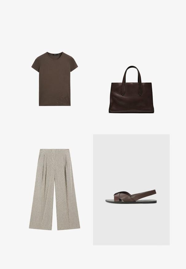 Hnědé tričko s krátkým rukávem vyrobené z měkké bavlny, s kulatým výstřihem a jednoduchým designem bez dalších vzorů nebo akcentů.; Kalhoty s širokým střihem vyrobené z texturované látky v tlumené šedé barvě s jemnými vertikálními pruhy, s nažehlenými záhyby v pase pro zvýraznění detailu.; Hnědé kožené sandály s křížovým páskovým designem, plochou černou podrážkou a nastavitelným zadním páskem. Hladký povrch a minimální detaily hardwaru.; Hnědá kožená taška přes rameno s dvěma dlouhými uchy, strukturální obdélníkový tvar, hladká textura a jemné švy.