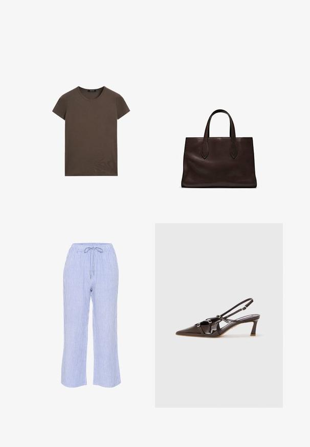 Brązowa koszulka z krótkim rękawem, wykonana z miękkiej bawełny, z okrągłym dekoltem i prostym wzorem, bez dodatkowych wzorów czy akcentów.; Niebieskie i białe spodnie w paski wykonane z lekkiego materiału, wyposażone w elastyczny pas z sznurkiem ściągającym i prostą nogawką.; Brązowe lakierowane skórzane czółenka na odkrytej pięcie z ostrym noskiem, regulowanymi paskami i dekoracyjnymi klamrami z przodu. Wysokość obcasa 3 cale.; Brązowa skórzana torba tote z dwoma wydłużonymi uchwytami, usztywnionym prostokątnym kształtem, gładką teksturą i subtelnymi detalami przeszycia.