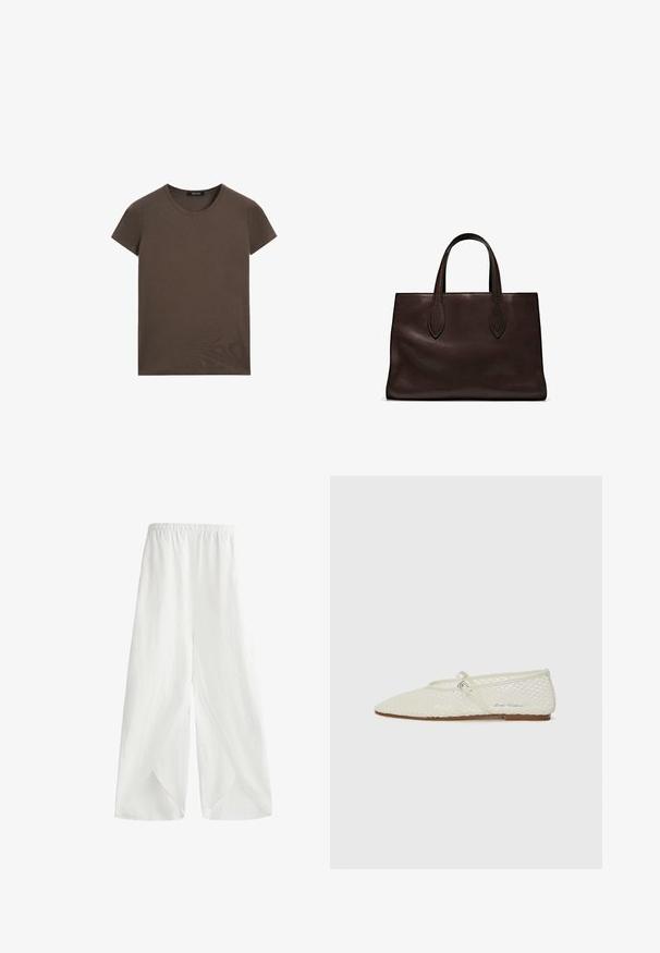 Brązowa koszulka z krótkim rękawem, wykonana z miękkiej bawełny, z okrągłym dekoltem i prostym wzorem, bez dodatkowych wzorów czy akcentów.; Białe spodnie z szerokimi nogawkami, wykonane z lekkiego materiału, z elastycznym pasem i bocznymi rozporkami zapewniającymi wentylację oraz swobodę ruchów.; Jasno beżowe baleriny z siateczki z ostrym noskiem i regulowanym paskiem. Posiadają teksturowaną górę oraz brązową, płaską podeszwę.; Brązowa skórzana torba tote z dwoma wydłużonymi uchwytami, usztywnionym prostokątnym kształtem, gładką teksturą i subtelnymi detalami przeszycia.
