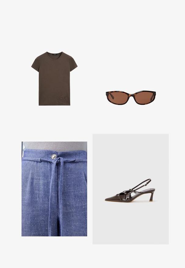 T-shirt marron à manches courtes en coton doux, avec un col rond et un design sobre sans motifs ni accents supplémentaires.; Pantalons en tissu bleu avec une finition texturée, dotés d'une taille nouée, d'un bouton argenté et de points clairs éparpillés.; Escarpin en cuir verni marron à talon slingback avec un bout pointu, des brides ajustables et des boucles décoratives à l'avant. Hauteur de talon de 3 pouces.; Lunettes de soleil écaille de tortue avec des verres marron, forme ovale élégante et finition brillante. Présente des accents argentés discrets sur les montures.; Sac tote en cuir marron avec deux poignées allongées, forme rectangulaire structurée, texture lisse et détails de couture subtils.