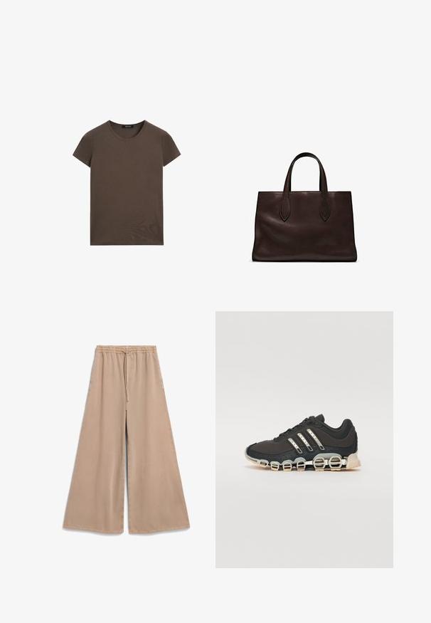 Bruine T-shirt met korte mouwen, gemaakt van zachte katoen, met een ronde halslijn en een eenvoudig ontwerp zonder extra patronen of accenten.; Beige wijde broek met een elastische tailleband en trekkoord. Zachte stof, gladde textuur en een comfortabele pasvorm met zijzakken.; Zwarte sportschoen met een gestructureerde bovenkant, drie zilveren strepen en een kenmerkende dempingszool met meerdere geïntegreerde secties.; Bruine leren tote bag met twee verlengde handvatten, gestructureerde rechthoekige vorm, gladde textuur en subtiele stiksels.