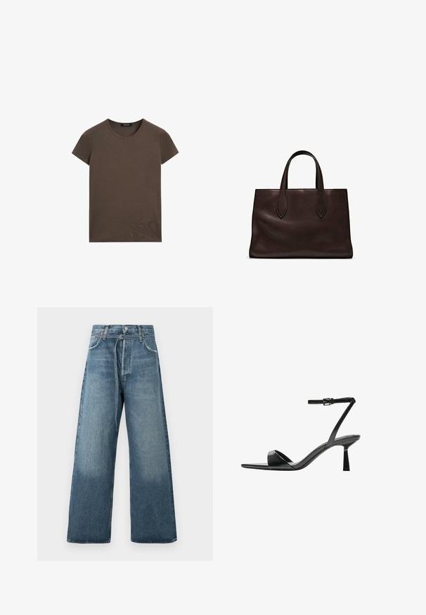 Hnědé tričko s krátkým rukávem vyrobené z měkké bavlny, s kulatým výstřihem a jednoduchým designem bez dalších vzorů nebo akcentů.; Široké modré džíny s vybledlým ombré, vyrobené z denimu s viditelnými stehmi a zapínáním na knoflík v pase.; Bershka Sandály na vysokém podpatku - black; Hnědá kožená taška přes rameno s dvěma dlouhými uchy, strukturální obdélníkový tvar, hladká textura a jemné švy.