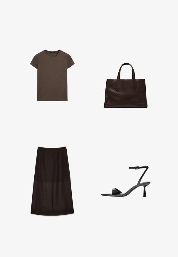 Bruin T-shirt met korte mouwen gemaakt van gladde stof, met een ronde halslijn en een reguliere pasvorm, zonder extra patronen of accenten.; Zwarte midi-rok van een gladde stof met een subtiele glans, een verborgen zijrits en een vloeiende A-lijn vorm.; Bershka Sandalen met hoge hak - black; Bruine leren tote bag met twee verlengde handvatten, gestructureerde rechthoekige vorm, gladde textuur en subtiele stiksels.