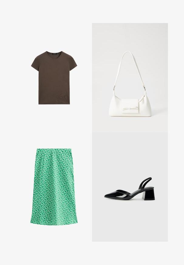 Bruin T-shirt met korte mouwen gemaakt van gladde stof, met een ronde halslijn en een reguliere pasvorm, zonder extra patronen of accenten.; Groene rok met bloemendessin van lichte textuur. Bevat kleine witte bloemen op een effen achtergrond, ontworpen in een rechte silhouette.; Zwarte gepatineerde leren slingback hakken met een spitse neus en een geometrische blokhak. Kenmerkt zich door een slank, minimalistisch ontwerp en een gladde textuur.; Witte synthetische handtas met een driehoekige vorm, platte voorklep en strikdetail, verstelbare schouderriem, gladde textuur en minimalistisch ontwerp.