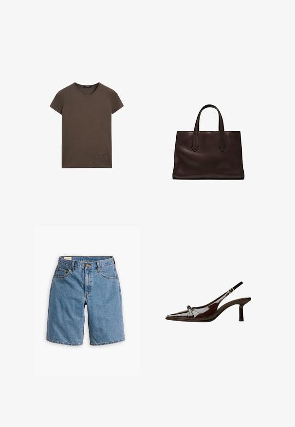 Brun kortärmad t-shirt av mjukt tyg med rund halsringning och normal passform, utan ytterligare mönster eller detaljer.; Blå denimshorts med en klassisk femfickdesign, dragkedja med knappstängning och fransade kantkanter.; Brun lackläder slingback-sko med spetsig tå, låg klack och en dekorerande rosett på framsidan. Slät, glansig yta.; Brun läder tote-väska med två avlånga handtag, strukturerad rektangulär form, slät textur och subtila sömdetaljer.