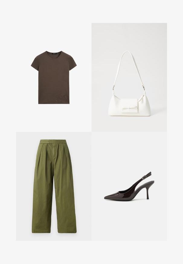 Bruin T-shirt met korte mouwen gemaakt van gladde stof, met een ronde halslijn en een reguliere pasvorm, zonder extra patronen of accenten.; Olijfgroene wijde broek van lichtgewicht stof, met plooien bij de taille en een naadloze structuur zonder zakken.; Slingback hoge hak schoen in glanzend donkerbruin patentleer, puntige neus, open zijkanten en verstelbare enkelband.; Witte synthetische handtas met een driehoekige vorm, platte voorklep en strikdetail, verstelbare schouderriem, gladde textuur en minimalistisch ontwerp.