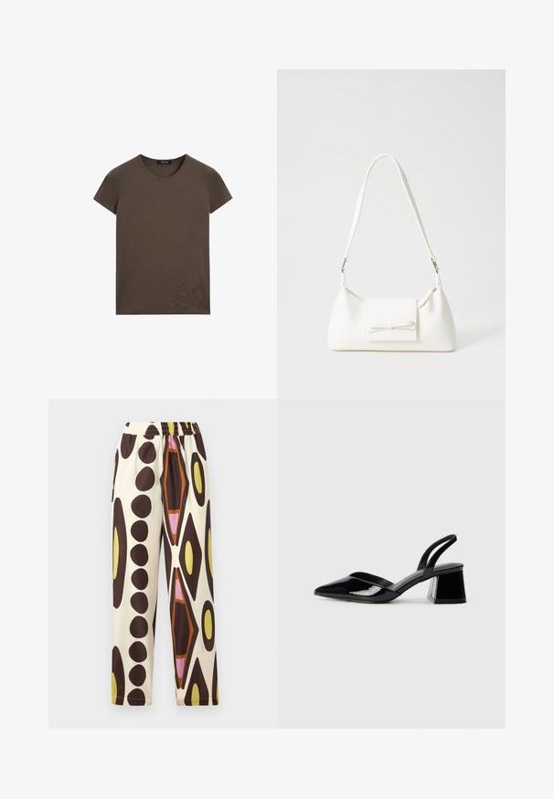 Brun t-shirt med korte ærmer lavet af glat stof, med rund halsudskæring og almindelig pasform, uden ekstra mønstre eller detaljer.; Elastiske bukser i letvægtsstof med en cremefarvet baggrund og store geometriske mønstre i brun, gul, pink og orange.; Sorte patentlæder slingback hæle med spids tå og en geometrisk blok hæl. Har et elegant, minimalistisk design og en glat tekstur.; Hvid syntetisk håndtaske med en trekantet form, flad forsideklap og sløjfedetalje, justerbar strop, glat tekstur og minimalistisk design.