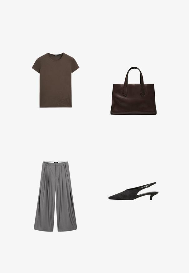 Bruin T-shirt met korte mouwen gemaakt van gladde stof, met een ronde halslijn en een reguliere pasvorm, zonder extra patronen of accenten.; Massimo Dutti FLOWING WITH DARTS - Broek - grey; Zwarte suède slingback schoenen met een spitse neus, een bescheiden hak en een dunne enkelband met een zilveren gespsluiting. Over het algemeen een gladde textuur.; Bruine leren tote bag met twee verlengde handvatten, gestructureerde rechthoekige vorm, gladde textuur en subtiele stiksels.