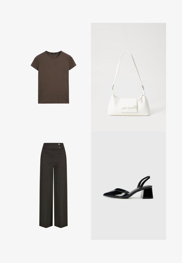 T-shirt marrone a maniche corte realizzata in tessuto liscio, con scollo tondo e vestibilità regolare, senza motivi o accenti aggiuntivi.; Pantaloni a gamba larga in tessuto marrone scuro, con vita alta e due bottoni, e tasche anteriori. Texture liscia e design sartoriale.; Décolleté in vernice nera con punta affusolata e tacco in geometria cubica. Presentano un design elegante e minimalista, con una texture liscia.; Borsa sintetica bianca a forma triangolare, con patta anteriore piatta e dettaglio a fiocco, tracolla regolabile, texture liscia e design minimalista.