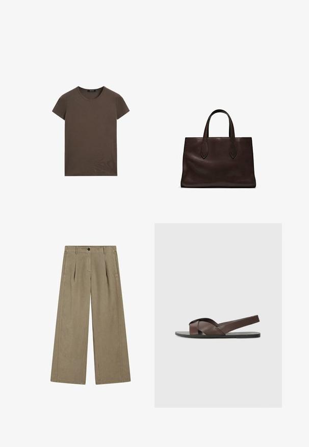 T-shirt marron à manches courtes en tissu lisse, avec un col rond et une coupe régulière, sans motifs ni accents supplémentaires.; Pantalons larges taupe clair avec une texture lisse, présentant un pli avant, des passants de ceinture et une fermeture à bouton à la taille.; Sandale en cuir marron avec un design à sangle croisée, semelle noire plate et sangle arrière ajustable. Texture lisse et détails matériels minimaux.; Sac tote en cuir marron avec deux poignées allongées, forme rectangulaire structurée, texture lisse et détails de couture subtils.