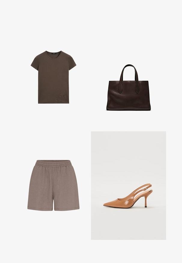 T-shirt marron à manches courtes en tissu lisse, avec un col rond et une coupe régulière, sans motifs ni accents supplémentaires.; Shorts marron texturés avec une taille élastique. Caractérisés par une coupe décontractée et une construction simple, adaptés pour un usage décontracté.; Escarpin à talon slingback à bout pointu en matériau beige lisse et brillant. Présente un design de découpes courbées et un talon aiguille fin. Détail de boucle en argent.; Sac tote en cuir marron avec deux poignées allongées, forme rectangulaire structurée, texture lisse et détails de couture subtils.