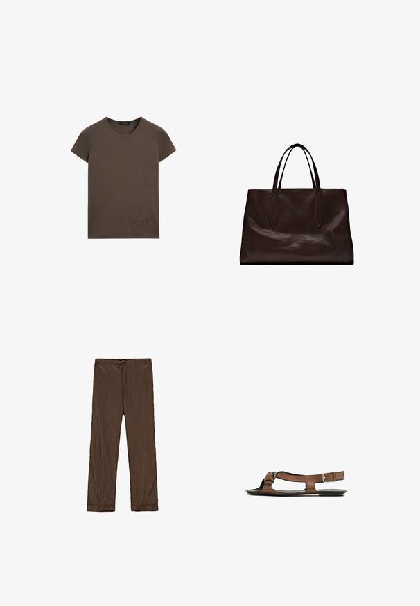 Brown short-sleeve t-shirt made of smooth fabric, featuring a round neckline and a regular fit, with no additional patterns or accents.; Massimo Dutti PINSTRIPE - Trousers - mottled dark brown; Brown leather sandal with an open toe and side cutouts. Features an ankle strap with a metal buckle and a flat sole.; Massimo Dutti Handbag - brown