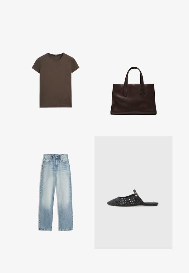 Hnědé tričko s krátkým rukávem vyrobené z hladké látky, s kulatým výstřihem a pravidelným střihem, bez dalších vzorů nebo zdobení.; Světle modré džíny z denimu, s vysokým pasem a rovnými nohavicemi. Mají klasický design s pěti kapsami a jemným vyblednutím na přední straně.; Černá tkaná slingback obuv s špičatou špičkou, strukturovaným materiálem, bočním detailem s přezkou a plochou podešví.; Hnědá kožená taška přes rameno s dvěma dlouhými uchy, strukturální obdélníkový tvar, hladká textura a jemné švy.
