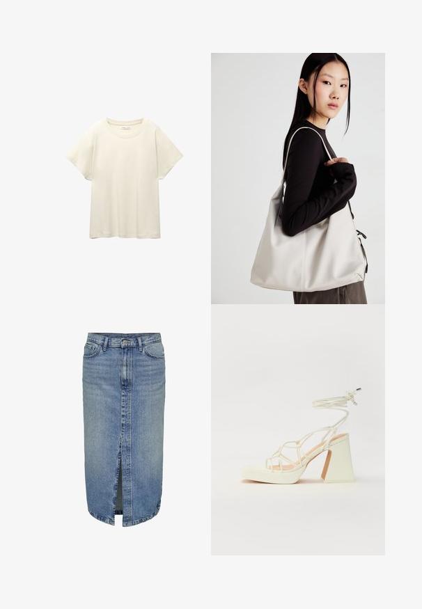 Svijetlo bež majica kratkih rukava s okruglim izrezom, izrađena od meke, glatke tkanine. Karakterizira je opušteni kroj i ravni rub.; Traper suknja svijetlog izdanja, do koljena, s prednjim prorezom, dizajnom s pet džepova, zatvaranjem na gumb i patentni zatvarač te petljama za remen na struku.; Bijela sandala na visokoj potpetici s debelim petom, s remenom i vezanjem oko gležnja. Glatka tekstura s platformom sprijeda za dodatnu visinu.; Bežna torba od mekog materijala s opuštenim dizajnom, šivanim detaljima i dva remena za rame. Pogodna za svakodnevnu upotrebu.