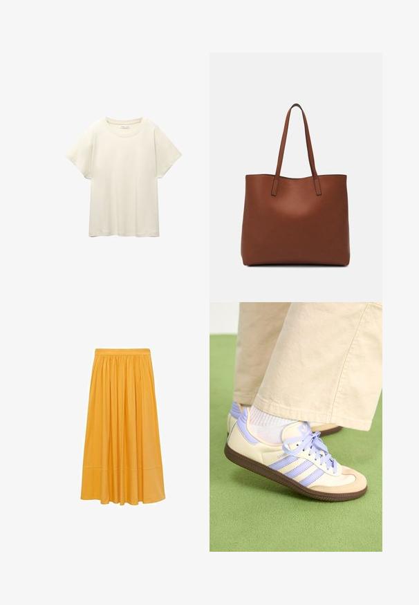 Lys beige kortærmet t-shirt med rund halsudskæring, lavet af blødt, glat stof. Har en afslappet pasform og lige forneden.; Sennepsgul midi nederdel, fremstillet af letvægtsstof, har en samlet talje og en flydende silhuet med en glat tekstur og subtil glans.; Creme og lavendel sneakers med tre striber og en tekstureret brun sål, der har snørebånd og en polstret hæl. Blødt stof øvre.; Brun læder tote taske med en glat overflade, åben topdesign og to skulderremme. Har minimal syning og ingen synlig hardware.