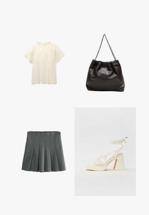 Svijetlo bež majica kratkih rukava s okruglim izrezom, izrađena od meke, glatke tkanine. Karakterizira je opušteni kroj i ravni rub.; Siva plisirana suknja od mekog, teksturiranog materijala. Ima uski pojas i slojevite plisirane detalje za lakše kretanje.; Bijela sandala na visokoj potpetici s debelim petom, s remenom i vezanjem oko gležnja. Glatka tekstura s platformom sprijeda za dodatnu visinu.; Smeđa kožna torba s naboranim vrhom i lančićem za nošenje. Glatka tekstura s sjajnim završetkom i suptilnim šavnim detaljima sa strane.