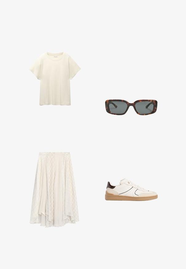 Maglietta a maniche corte beige chiaro con scollatura rotonda, realizzata in un tessuto morbido e liscio. Presenta una vestibilità comoda e un orlo dritto.; Gonna a più pannelli di colore chiaro con un mix di tessuti a quadri e motivi, caratterizzata da un design fluido e una finitura texturizzata.; Stradivarius Sneakers basse - white; Occhiali da sole tartaruga con lenti rettangolari, montatura spessa e lenti scure. Texture liscia e design minimalista.