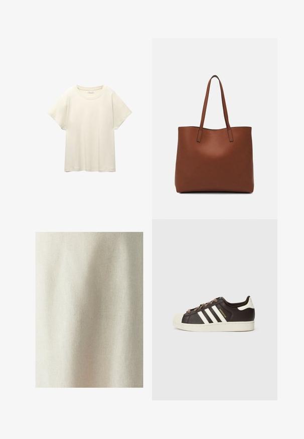 Maglietta a maniche corte beige chiaro con scollatura rotonda, realizzata in un tessuto morbido e liscio. Presenta una vestibilità comoda e un orlo dritto.; Tessuto beige chiaro con una sottile trama e una tessitura uniforme, che mostra morbide pieghe e avvallamenti, adatto a diverse applicazioni tessili.; Sneaker Adidas Superstar low-top in pelle marrone scuro con punta a conchiglia crema, strisce bianche e scritta "Superstar" sul lato.; Borsa tote in pelle marrone con texture liscia, design con apertura superiore e due spallacci. Presenta cuciture minime e nessun hardware visibile.