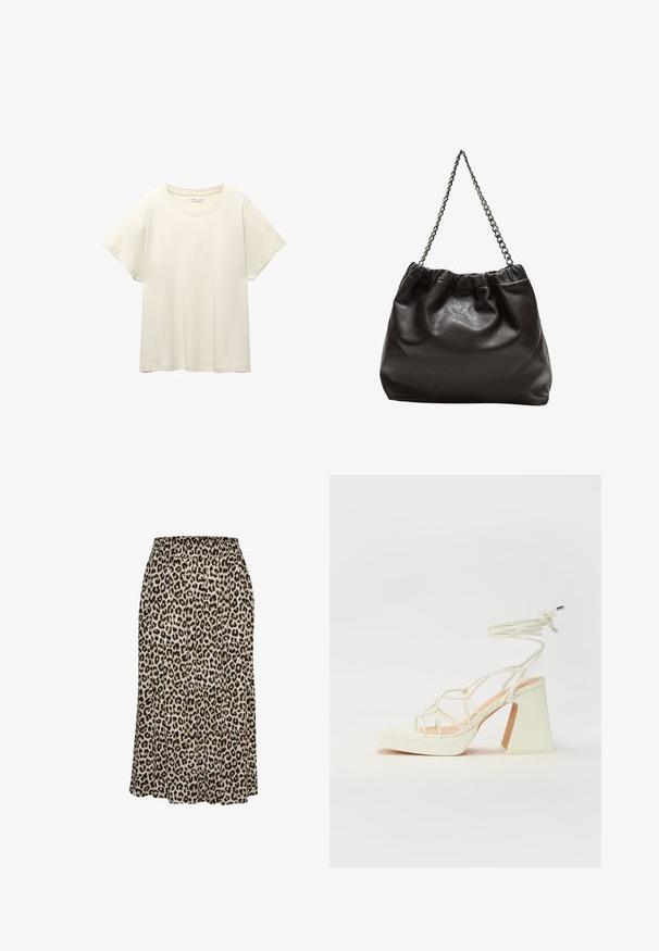 Svijetlo bež majica kratkih rukava s okruglim izrezom, izrađena od meke, glatke tkanine. Karakterizira je opušteni kroj i ravni rub.; Sužava suknja od laganog materijala s uzorkom leopard, koja ima elastičnu sredinu struka i lepršavi kroj koji seže do sredine tele.; Bijela sandala na visokoj potpetici s debelim petom, s remenom i vezanjem oko gležnja. Glatka tekstura s platformom sprijeda za dodatnu visinu.; Smeđa kožna torba s naboranim vrhom i lančićem za nošenje. Glatka tekstura s sjajnim završetkom i suptilnim šavnim detaljima sa strane.