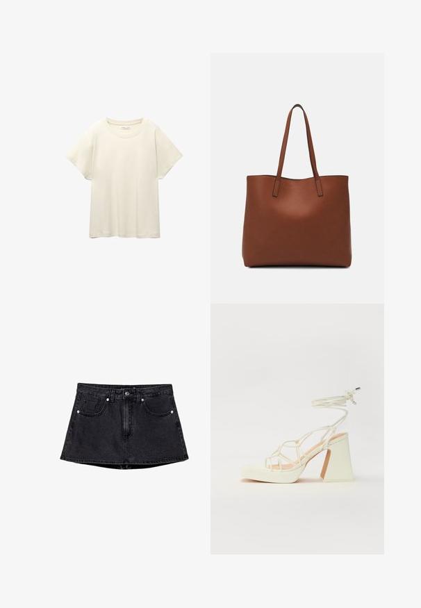 Vaaleanbeige lyhythihainen t-paita, jossa on pyöreä kaula-aukko, valmistettu pehmeästä ja sileästä kankaasta. Ominaisuuksina rento mitta ja suora helma.; Mustat farkuhame, jossa on istuva vyötärö, viisi taskua, perinteinen nappi- ja vetskariyskus ja hieman levenevä helma.; Valkoinen korkokenkä, jossa on paksu korko, ja joka sisältää nauhakiinnityksen ja nilkkaketjun. Sujuva pinta, jossa on platform-etupohja lisäkorkeutta varten.; Ruskea nahkainen olkalaukku, jossa on sileä pinta, avoin yläosa ja kaksi olkahihnaa. Omaavat vain minimaalisen ompelun eikä näkyvää metalliosaa.