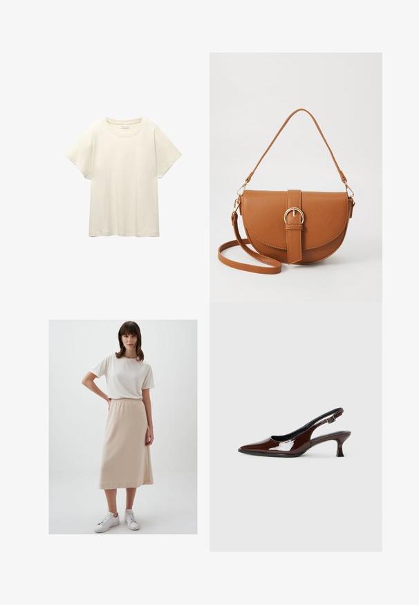 T-shirt beige clair à manches courtes avec un col rond, fabriqué en tissu doux et lisse. Présente une coupe décontractée et un ourlet droit.; Jimmy Key BASIC COMFORTABLE MIDI SKIRT - Jupe trapèze - bej-130; Chaussure slingback en cuir verni marron avec un bout pointu et un talon modéré. Elle est dotée d'une sangle à boucle pour un ajustement sécuritaire. Texture lisse.; Sac bandoulière en cuir marron avec une forme incurvée, quincaillerie dorée et un accent en boucle. Comprend une bandoulière détachable.
