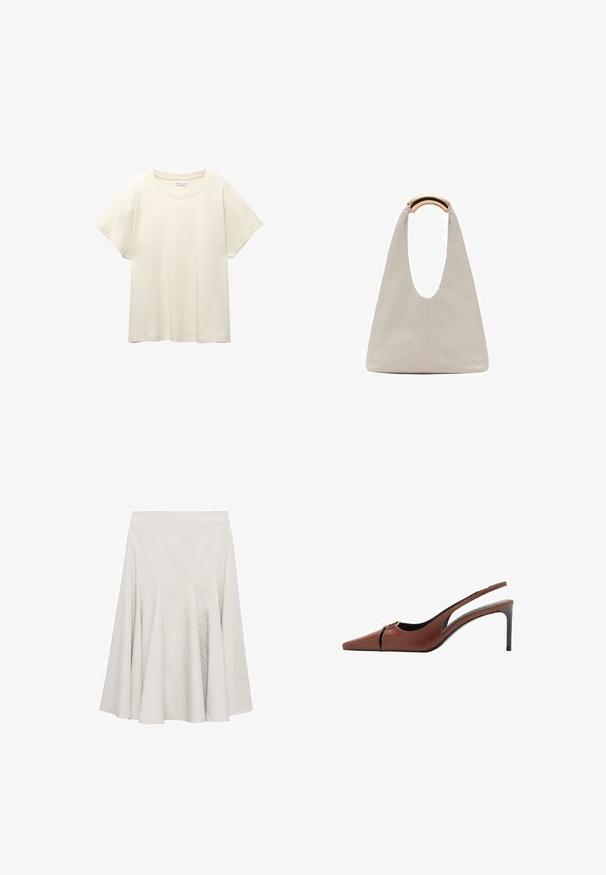 Maglietta a maniche corte beige chiaro con scollatura rotonda, realizzata in un tessuto morbido e liscio. Presenta una vestibilità comoda e un orlo dritto.; Gonna a campana color crema realizzata in tessuto liscio, con pieghe per volume e un design semplice e senza decorazioni.; Scarpa con tacco slingback in pelle marrone con punta appuntita, dettaglio a taglio sulla tomaia e un elegante tacco a stiletto. Texture liscia.; Borsa in pelle grigio chiaro con design a forma di U e manico metallico curvo. Texture liscia con cuciture minime e senza motivi visibili.