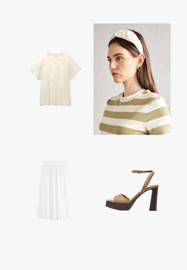 Svetlo bež kratkosleeven majica s okroglim ovratnikom, izdelana iz mehke, gladke tkanine. Ima sproščen kroj in raven rob.; Bela krila do kolen z nabranim elastičnim pasom in tekočim dizajnom. Narejena iz lahkega materiala z gladko teksturo.; Bež semiš sandali na visoki peti z širokim sprednjim trakom in trakom okoli gležnja, opremljeni z debelim lesenim blokom peto z teksturirano površino.; Kremna ušesna traka s prepletenim dizajnom, uparjena s bež in belimi črtastimi majicami z okroglim izrezom. Diskretni nakit.
