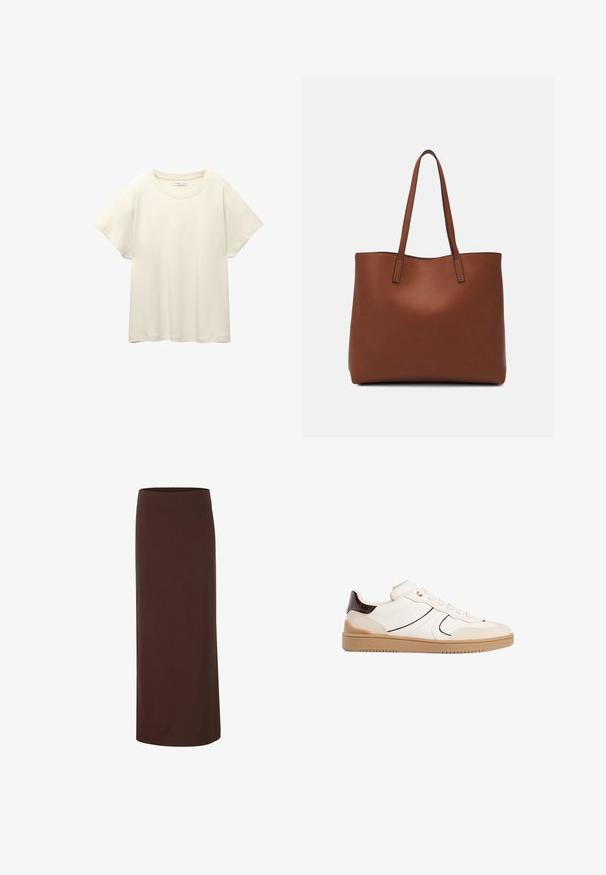 Maglietta a maniche corte beige chiaro con scollatura rotonda, realizzata in un tessuto morbido e liscio. Presenta una vestibilità comoda e un orlo dritto.; Gonna midi marrone realizzata in tessuto morbido, con vita aderente e silhouette dritta senza motivi o accenti visibili.; Stradivarius Sneakers basse - white; Borsa tote in pelle marrone con texture liscia, design con apertura superiore e due spallacci. Presenta cuciture minime e nessun hardware visibile.