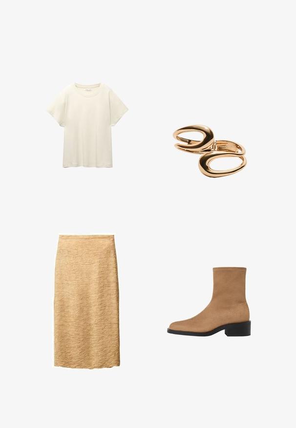 Maglietta a maniche corte beige chiaro con scollatura rotonda, realizzata in un tessuto morbido e liscio. Presenta una vestibilità comoda e un orlo dritto.; Gonna a matita beige con superficie testurizzata, caratterizzata da un sottile motivo a onde. Lunghezza al ginocchio e realizzata in un tessuto leggero.; Stivale alla caviglia in camoscio tan con punta quadrata, tacco basso a blocco e design senza cuciture. Presenta una cucitura sottile lungo i bordi.; Orecchini in metallo color oro con un design astratto ovale connesso, caratterizzati da una finitura lucida e dettagli a taglio aperto.