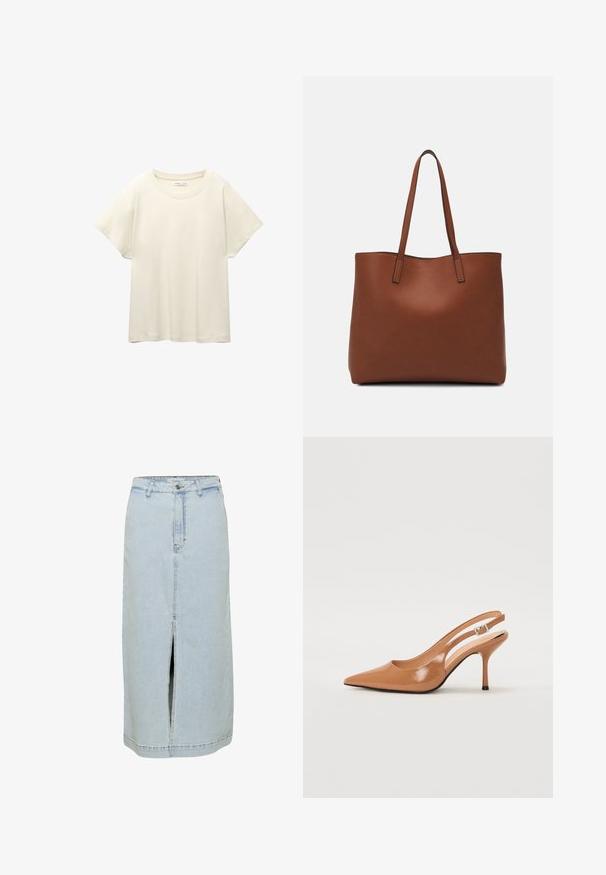 Svetlo bež kratkosleeven majica s okroglim ovratnikom, izdelana iz mehke, gladke tkanine. Ima sproščen kroj in raven rob.; Denim krilo v svetlo modri barvi, ravne kroja, dolžine do kolen z sprednjim razporkom, pasnimi zankami in gumbnim zapiranjem na pasu.; Slinčaste pete z ostro konico v gladkem, sijočem bež materialu. Imajo ukrivljen rez in vitko stiletto peto. Podrobnost s srebrno zaponko.; Rjava usnjena torba z gladko teksturo, odprto zasnovo zgoraj in dvema naramnima trakovoma. Opremljena je z minimalnim šivanjem in brez vidnih kovinskih delov.