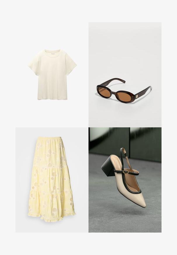 T-shirt beige clair à manches courtes avec un col rond, fabriqué en tissu doux et lisse. Présente une coupe décontractée et un ourlet droit.; Jupe jaune à plusieurs niveaux en tissu léger, ornée de motifs floraux et de découpes circulaires. Taille élastique et bord en dentelle.; Escarpin beige à bout pointu et bride arrière, avec des finitions noires, une boucle dorée et un talon bloc épais, posé sur un sol gris avec un fond vert foncé.; Lunettes de soleil écaille de tortue marron avec des verres ovales, dotées d'une fine monture et d'un petit accent métallique sur le côté. Fini texturé et poli.; Sac à main synthétique blanc en forme triangulaire, avec un rabat avant plat et un détail en nœud, une bandoulière ajustable, une texture lisse et un design minimaliste.
