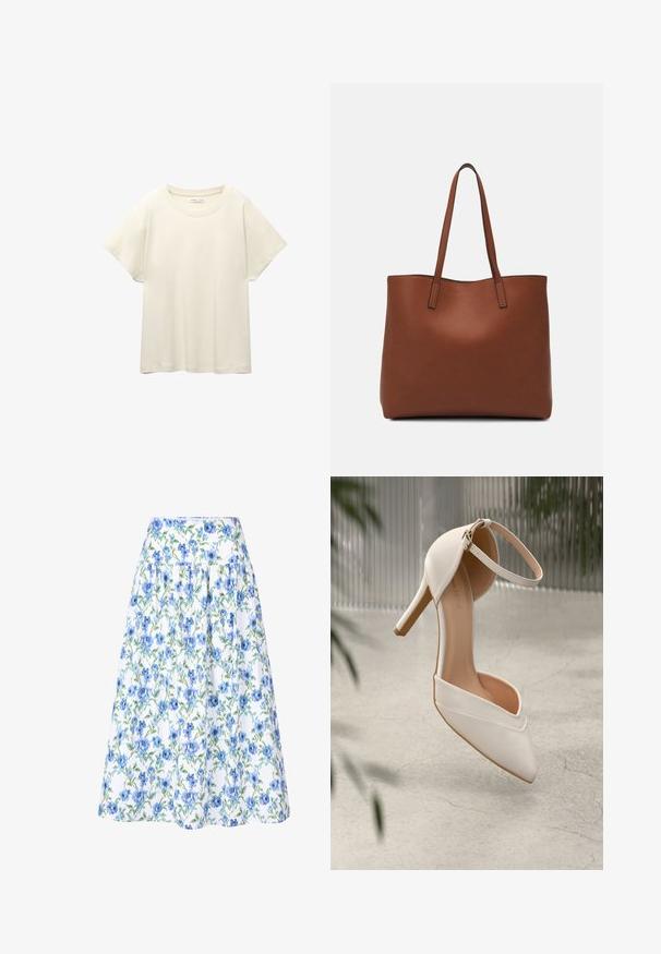 Jasno beżowa, krótko rękawowa koszulka z okrągłym dekoltem, wykonana z miękkiego, gładkiego materiału. Posiada luźny krój i prosty dół.; Spódnica w kwiaty z białym tłem, niebieskimi kwiatami i zielonymi liśćmi, ze strukturalnym pasem w talii oraz marszczonym fasonem dla większej objętości.; Białe buty na wysokim obcasie z gładkiego materiału, z wypłaszczonym noskiem i paskiem na kostkę. Wnętrze w jasnym odcieniu brązu, z akcentami w kolorze złotym.; Brązowa skórzana torba tote o gładkiej fakturze, z otwartym wierzchem i dwoma ramiączkami. Charakteryzuje się minimalnym przeszyciem i brakiem widocznych elementów metalowych.