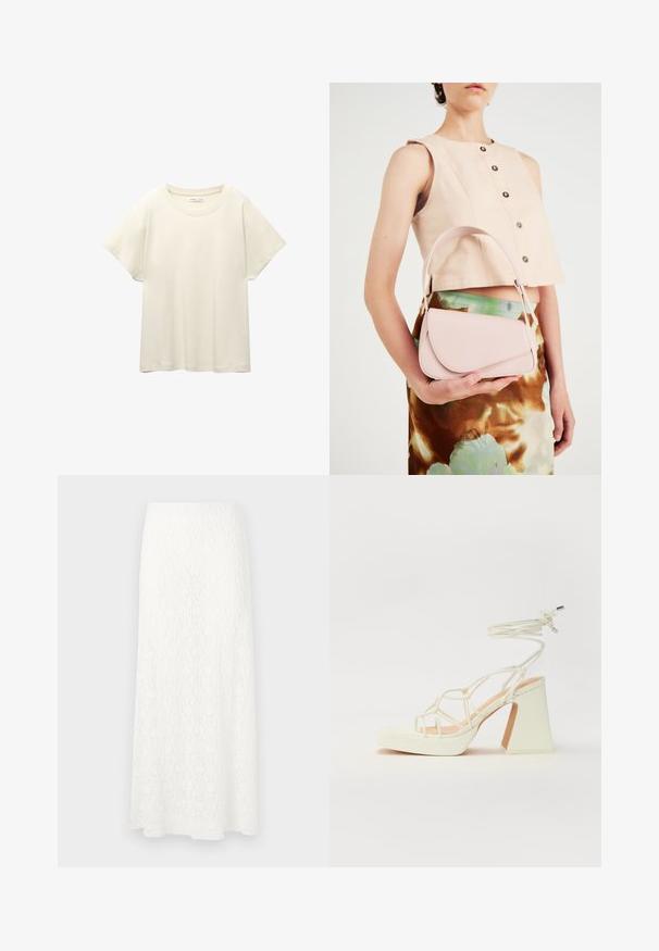 Helles beige T-Shirt mit kurzen Ärmeln und Rundhalsausschnitt, aus weichem, glattem Stoff gefertigt. Verfügt über eine lockere Passform und einen geraden Saum.; Weißer Maxiskirt aus Spitze mit einem strukturierten Muster, elastischem Bund und fließender Form. Der Stoff wirkt leicht und luftig.; Weiße High-Heel-Sandale mit einem klobigen Absatz, die über ein Riemchendesign und ein Knöchelband verfügt. Glatte Textur mit einer Plattform vorne für zusätzliche Höhe.; Rosa Lederhandtasche mit gewölbtem Deckel, einem Schulterriemen und klaren Linien. Die Tasche zeigt eine glatte Textur und ein minimalistisches Design.