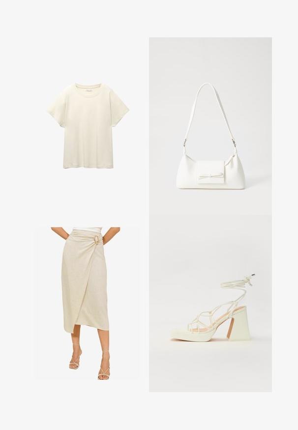 Tricou scurt de culoare bej deschis, cu mâneci scurte și decolteu rotund, realizat dintr-un material moale și neted. Are o croială lejeră și un tiv drept.; Fustă bej înfășurată, realizată din in texturat, cu un accent unic de cataramă aurie și un tiv asimetric până la genunchi.; Sandale albe cu toc înalt și gros, cu un design cu curele și legătură la gleznă. Textură netedă, cu o platformă frontală pentru înălțime suplimentară.; Geantă sintetică albă, cu formă triangulară, capac frontal plat și detaliu cu fundă, curea ajustabilă, textură netedă și design minimalist.