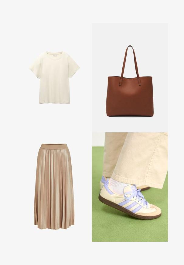Jasno beżowa, krótko rękawowa koszulka z okrągłym dekoltem, wykonana z miękkiego, gładkiego materiału. Posiada luźny krój i prosty dół.; Plisowana spódnica midi w jasnobeżowym satynowym materiale. Posiada szeroką, elastyczną talię oraz eleganckie pionowe fałdy na całej długości.; Kremowe i lawendowe trampki z trzema paskami oraz teksturowaną brązową podeszwą, wyposażone w sznurówki i wyścieloną piętę. Górna część z miękkiego materiału.; Brązowa skórzana torba tote o gładkiej fakturze, z otwartym wierzchem i dwoma ramiączkami. Charakteryzuje się minimalnym przeszyciem i brakiem widocznych elementów metalowych.
