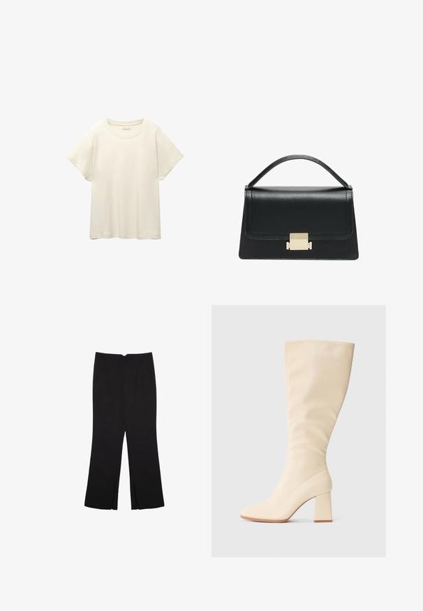 Helles beige T-Shirt mit kurzen Ärmeln und Rundhalsausschnitt, aus weichem, glattem Stoff gefertigt. Verfügt über eine lockere Passform und einen geraden Saum.; Schwarze Hose mit geradem Schnitt, ausgestattet mit Fronttaschen und Seitenschlitzen am Saum. Hergestellt aus weichem, glattem Stoff. Geeignet für verschiedene Anlässe.; Cremefarbene kniehohe Stiefel mit Blockabsatz und glatter Oberfläche, seitlich auf einem einfarbigen Hintergrund gezeigt.; Schwarze Lederhandtasche mit strukturiertem Design, oberem Griff und einem goldenen Metallschnappverschluss auf der Vorderseite. Glatte Textur, minimale Nähte.