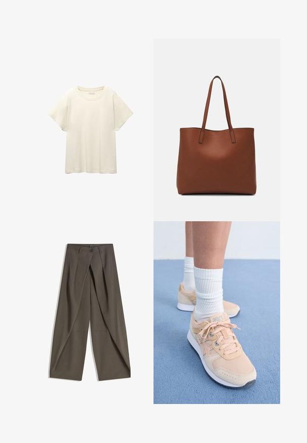 Svijetlo bež majica kratkih rukava s okruglim izrezom, izrađena od meke, glatke tkanine. Karakterizira je opušteni kroj i ravni rub.; Hlače širokog kroja izrađene od teksturirane tamnosive tkanine. Imaju prednji plis, kopčanje na gumb i bočne džepove za praktičnost.; Svijetlosmeđi pažni tenisice s tekstilnim gornjim dijelom, bijelim gumena potplat, i dizajnom sa vezanjem. Uparene s rebrastim bijelim čarapama i postavljene na plavu površinu.; Smeđa kožna torba preko ramena s glatkom teksturom, otvorenim vrhom i dvjema naramenicama. Ima minimalne šavove i nema vidljivog hardvera.