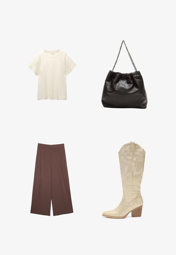 Jasno beżowa, krótko rękawowa koszulka z okrągłym dekoltem, wykonana z miękkiego, gładkiego materiału. Posiada luźny krój i prosty dół.; Brązowe spodnie o szerokich nogawkach z gładką fakturą, z wysokim stanem i plisami z przodu. Materiał jest lekki i luźno opada.; Salinyang - Kowbojki i obuwie motocyklowe; Brązowa skórzana torba z marszczonym szczytem i łańcuszkowym paskiem. Gładka tekstura z błyszczącym wykończeniem i subtelnymi detalami szwów po bokach.