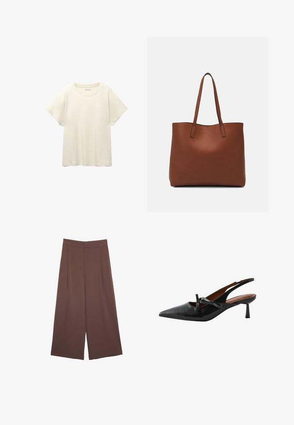 Lys beige kortærmet t-shirt med rund halsudskæring, lavet af blødt, glat stof. Har en afslappet pasform og lige forneden.; Brune bredbunde bukser med en glat tekstur, der har høj talje og plisseringer foran. Stoffet er let og falder løst.; Sorte læderslingback hæle med spids tå, lille sløjfedetalje og tapered hæl. Glat tekstur og minimalistisk design.; Brun læder tote taske med en glat overflade, åben topdesign og to skulderremme. Har minimal syning og ingen synlig hardware.