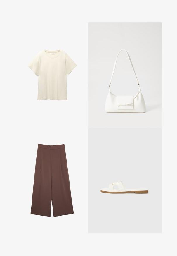 Maglietta a maniche corte beige chiaro con scollatura rotonda, realizzata in un tessuto morbido e liscio. Presenta una vestibilità comoda e un orlo dritto.; Pantaloni ampi marroni con una texture liscia, caratterizzati da una vita alta e pieghe frontali. Il tessuto è leggero e scorre liberamente.; Sandalo piatto bianco con un design minimalista, caratterizzato da due cinturini incrociati e dettagli in metallo dorato su una suola marrone.; Borsa sintetica bianca a forma triangolare, con patta anteriore piatta e dettaglio a fiocco, tracolla regolabile, texture liscia e design minimalista.