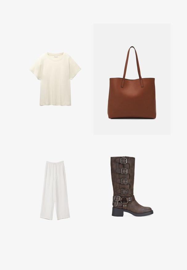 T-shirt beige clair à manches courtes avec un col rond, fabriqué en tissu doux et lisse. Présente une coupe décontractée et un ourlet droit.; Pantalons larges blancs en tissu léger. Dotés d'une taille élastique avec cordon de serrage et de poches latérales. Texture lisse.; Bosanova BIKER - Bottes de cowboy / motard - marron; Sac fourre-tout en cuir marron avec une texture lisse, design à ouverture supérieure et deux poignées pour le porter à l'épaule. Présente des coutures minimales et aucun matériel visible.