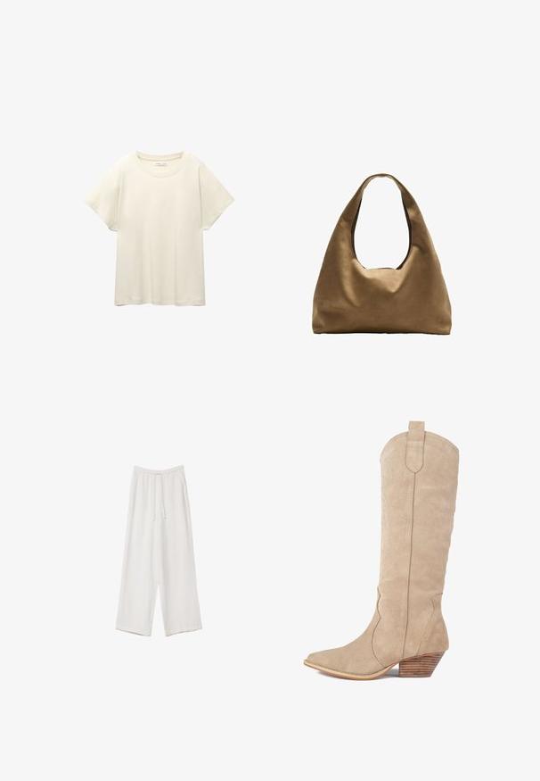 Jasno beżowa, krótko rękawowa koszulka z okrągłym dekoltem, wykonana z miękkiego, gładkiego materiału. Posiada luźny krój i prosty dół.; Białe spodnie o szerokich nogawkach wykonane z lekkiego materiału. Posiadają elastyczny pas z sznurkiem i boczne kieszenie. Gładka tekstura.; Beżowe zamszowe kowbojki z ostrym noskiem, dekoracyjnym przeszyciem oraz drewnianym obcasem w kształcie stosu. Wysokość sięga do połowy łydki.; Brązowa torba na ramię z szerokim, zaokrąglonym kształtem i dużym wyciętym uchwytem. Miękka tekstura, minimalistyczny design i brak widocznych elementów metalowych.