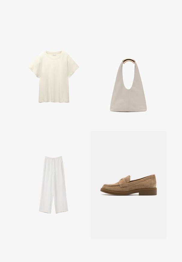 Svetlo béžové tričko s krátkym rukávom a okrúhlym výstrihom, vyrobené z jemnej, hladkej tkaniny. Má voľný strih a rovný lem.; Biele široké nohavice vyrobené z ľahkej tkaniny. Obsahujú elastický pás so sťahovacou šnúrkou a bočné vrecká. Hladká textúra.; Semišové béžové mokasíny s okrúhlou špičkou, dekoratívnym prišitím a nízkym, hrubým gumovým podpätkom pre lepšiu trakciu a pohodlie.; Svetlosivá kožená taška s U-tvarom a zakrivenou kovovou rukoväťou. Hladký povrch s minimálnym prešívaním a bez viditeľných vzorov.