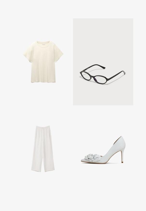 Svijetlo bež majica kratkih rukava s okruglim izrezom, izrađena od meke, glatke tkanine. Karakterizira je opušteni kroj i ravni rub.; Bijele hlače širokih nogavica napravljene od lagane tkanine. Imaju elastičan pojas s ušicom i bočne džepove. Glatka tekstura.; Bijele kožne štikle s visokom potpeticom koje imaju šiljati nožni dio i složene cvjetne aplikacije sprijeda, uz elegantnu štiklu.; Crne naočale ovalnog okvira s prozirnim ljubičastim naglascima na lećama. Okviri imaju mat finiš i tanke, ravne temple.