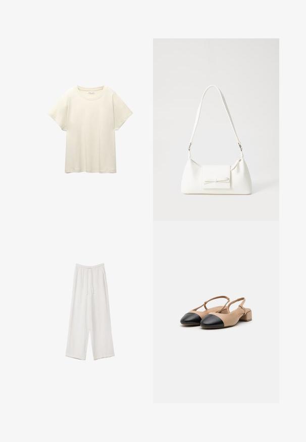 Light beige short-sleeve t-shirt with a round neckline, made of soft, smooth fabric. Features a relaxed fit and straight hemline.; White wide-leg trousers made from a lightweight fabric. Features an elastic waistband with a drawstring and side pockets. Smooth texture.; Beige leather slingback shoes with a black cap toe, block heel, and adjustable strap. Smooth texture and minimalist design.; White synthetic handbag with a triangular shape, flat front flap and bow detail, adjustable strap, smooth texture, and minimalistic design.