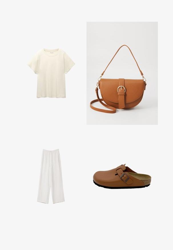 Lichtbeige t-shirt met korte mouwen en een ronde halslijn, gemaakt van zachte, gladde stof. Heeft een ontspannen pasvorm en een rechte zoom.; Witte wijde broek gemaakt van een lichte stof. Voorzien van een elastische tailleband met een trekkoord en zijzakken. Zachte textuur.; Birkenstock Clogs - ginger_brown; Bruine leren schoudertas met een gebogen vorm, gouden hardware en een gespaccent. Bevat een afneembare schouderriem.
