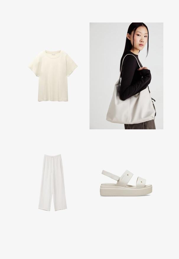 Jasno beżowa, krótko rękawowa koszulka z okrągłym dekoltem, wykonana z miękkiego, gładkiego materiału. Posiada luźny krój i prosty dół.; Białe spodnie o szerokich nogawkach wykonane z lekkiego materiału. Posiadają elastyczny pas z sznurkiem i boczne kieszenie. Gładka tekstura.; Białe platformowe sandały z szerokimi paskami, wykonane z gładkiego materiału, z regulowanym paskiem z tyłu i wyraźną podeszwą. Minimalistyczny design.; Beżowa torebka wykonana z miękkiego materiału, charakteryzująca się luźnym fasonem, wyszywanymi detalami i dwoma uchwytami na ramię. Idealna na co dzień.