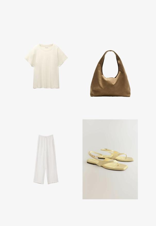 T-shirt beige clair à manches courtes avec un col rond, fabriqué en tissu doux et lisse. Présente une coupe décontractée et un ourlet droit.; Pantalons larges blancs en tissu léger. Dotés d'une taille élastique avec cordon de serrage et de poches latérales. Texture lisse.; Sandales plates jaunes avec une tige en simili cuir texturé, design à lanière entre les orteils et une sangle de cheville avec une petite boucle. Forme de pied carrée, style minimaliste.; Sac à épaule en tissu marron avec un corps large et arrondi et une grande poignée découpée. Texture douce, design minimaliste et aucun matériel visible.